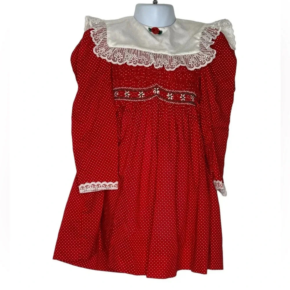 Vintage Polly Flinders red polka dot smocked lace collar dress sz 5